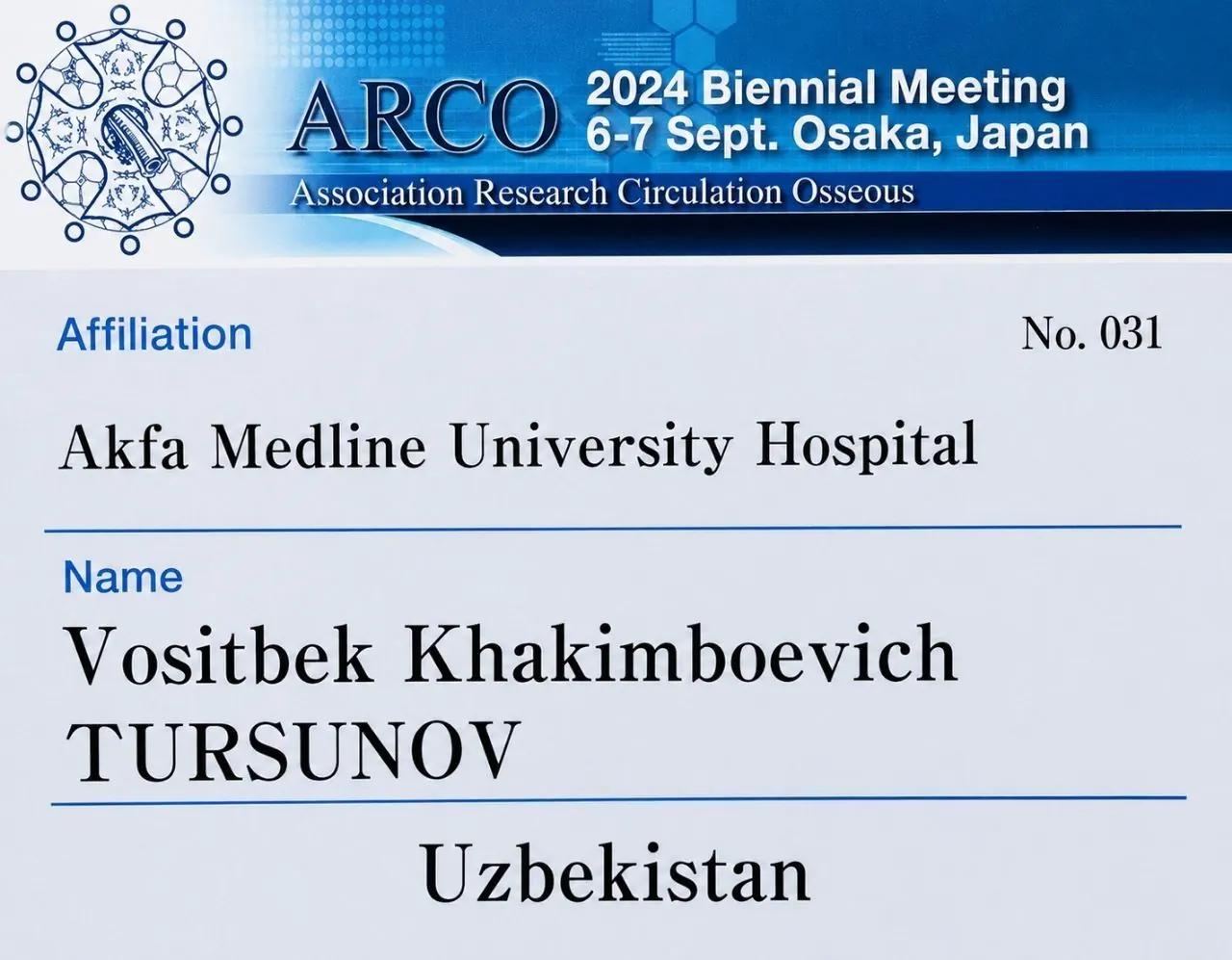 ARCO 2024 ishtirokchi beyji: Vositbek Xakimboyevich Tursunov, Akfa Medline universitet kasalxonasi, O'zbekiston